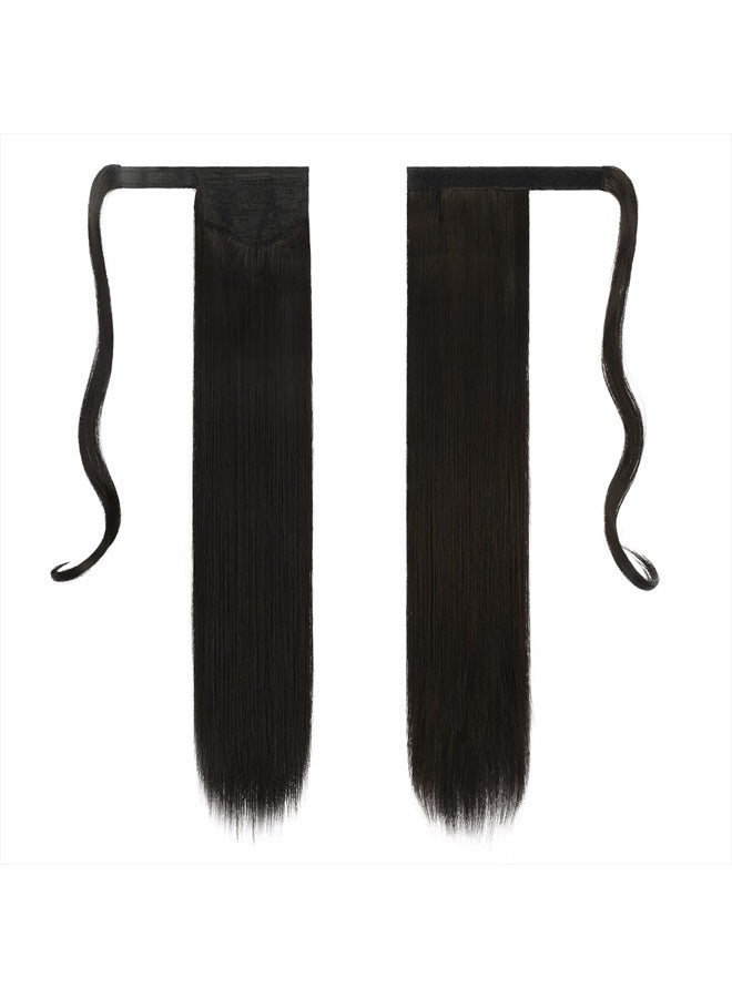 FESHFEN إضافات ذيل حصان مستقيمة طويلة 24 بوصة باللون الأسود والبني مع لف حول ذيل حصان صناعي قطع شعر ذيل حصان إضافات شعر قطع للنساء والفتيات - Image 2