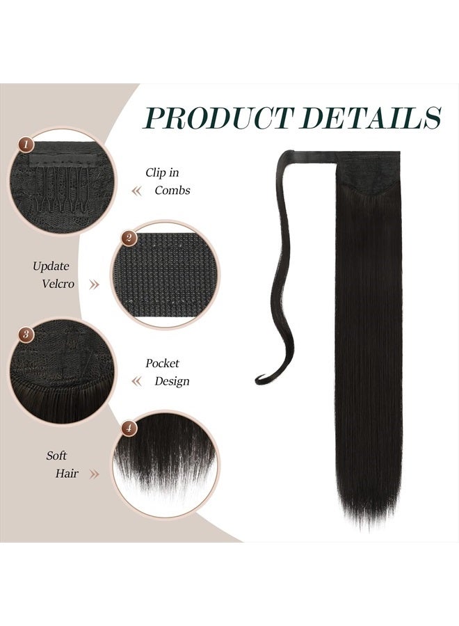 FESHFEN إضافات ذيل حصان مستقيمة طويلة 24 بوصة باللون الأسود والبني مع لف حول ذيل حصان صناعي قطع شعر ذيل حصان إضافات شعر قطع للنساء والفتيات - Image 3