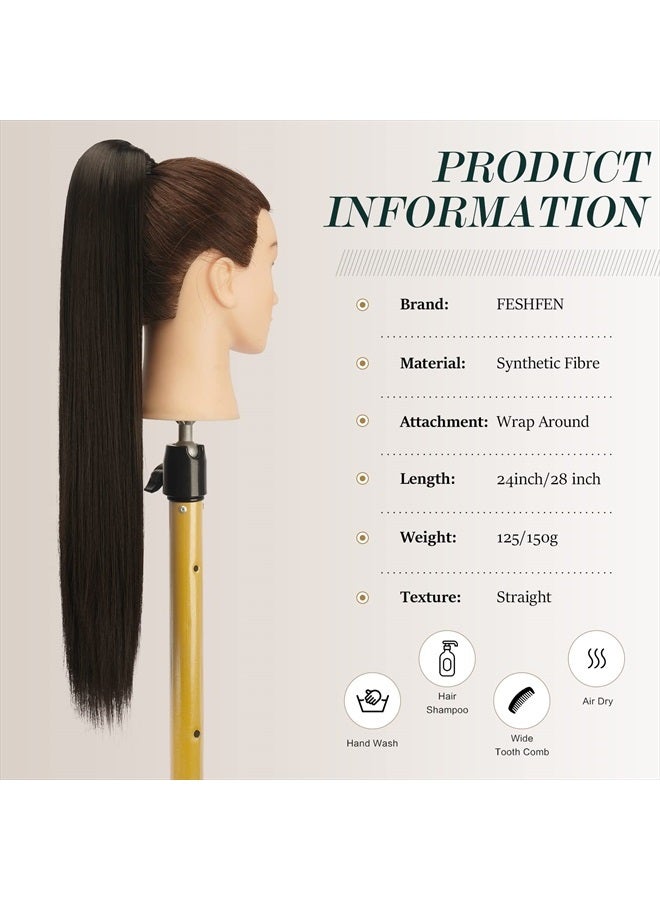 FESHFEN إضافات ذيل حصان مستقيمة طويلة 24 بوصة باللون الأسود والبني مع لف حول ذيل حصان صناعي قطع شعر ذيل حصان إضافات شعر قطع للنساء والفتيات - Image 4