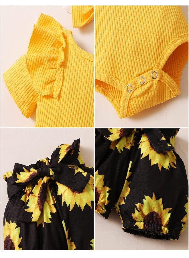AMAWMW Newborn Baby Girl Summer Clothes Ribbed Ruffle Short Sleeve Romper Sunflower Shorts Outfit 3-6/6 Month Girl Clothes - Image 5
