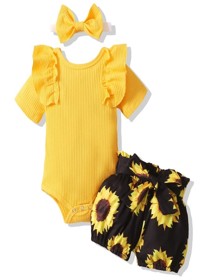 AMAWMW Newborn Baby Girl Summer Clothes Ribbed Ruffle Short Sleeve Romper Sunflower Shorts Outfit 3-6/6 Month Girl Clothes - Image 1