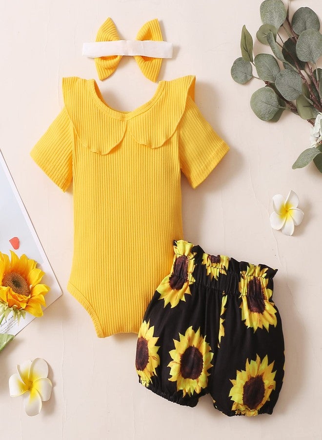 AMAWMW Newborn Baby Girl Summer Clothes Ribbed Ruffle Short Sleeve Romper Sunflower Shorts Outfit 3-6/6 Month Girl Clothes - Image 4