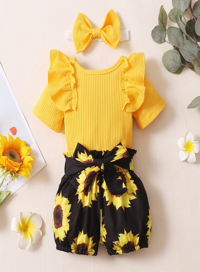 AMAWMW Newborn Baby Girl Summer Clothes Ribbed Ruffle Short Sleeve Romper Sunflower Shorts Outfit 3-6/6 Month Girl Clothes - Image 3