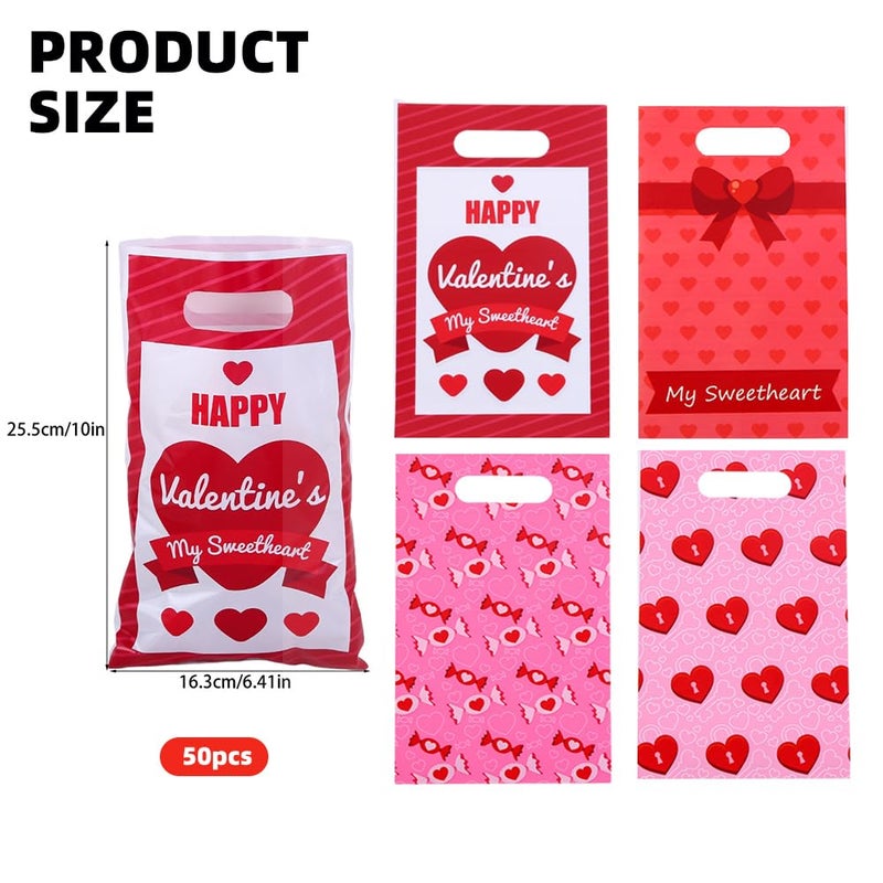 Colodeol 50 Pcs Valentines Treat Bags with Handles,Valentine Goodie Treat bags for Kids, Valentines Plastic Candy Goody Gift Bag for Valentines Party Decorations Supplies Favors - Image 2