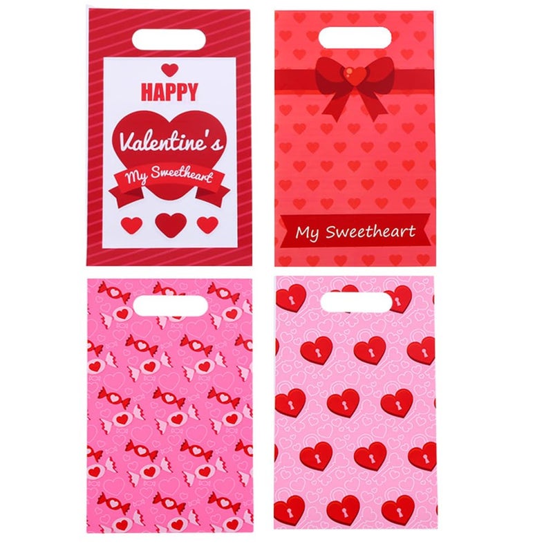 Colodeol 50 Pcs Valentines Treat Bags with Handles,Valentine Goodie Treat bags for Kids, Valentines Plastic Candy Goody Gift Bag for Valentines Party Decorations Supplies Favors - Image 1