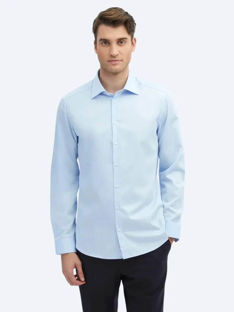 كيب قميص قطني كلاسيكي سادة بلون أزرق داكن، بقصة ضيقة، مصنوع من القطن الخالص ١٠٠٪