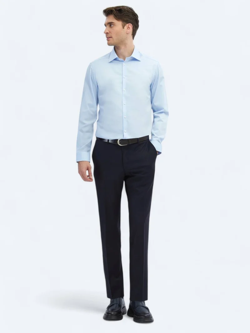 Kip Dark Blue Plain Slim Fit Long Weaving Classical 100% Cotton Shirt