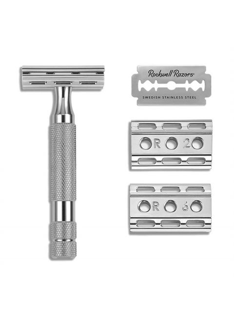6C Gunmetal Chrome Double-Edge Safety Razor with 6 Adjustable Shave Settings and 5 Blades