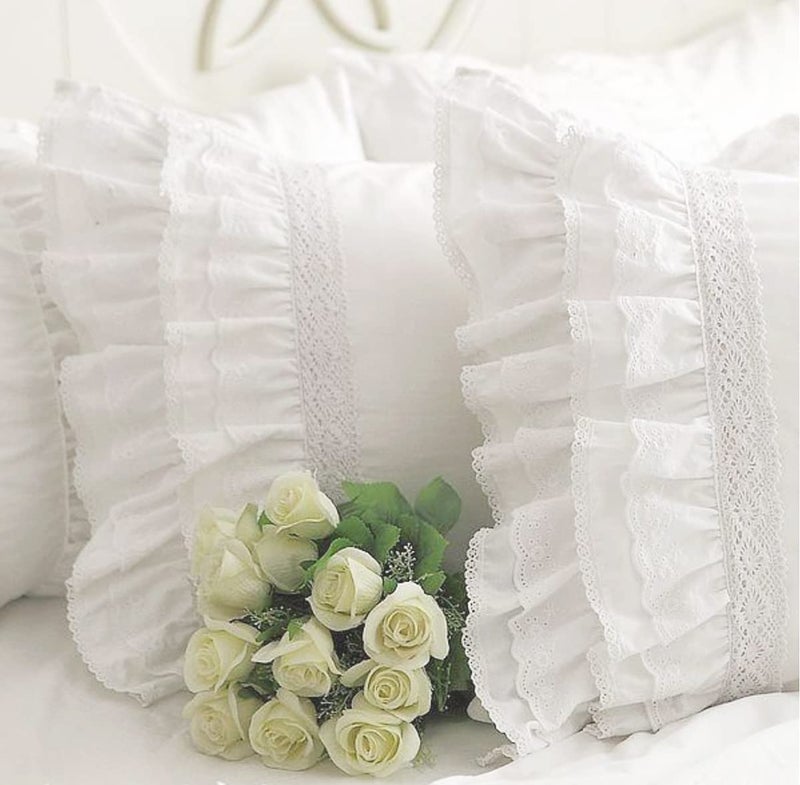 Queens House White Ruffle Pillow Shams Cotton Vintage Embroidery Lace Pillowcases King Size Set of 2