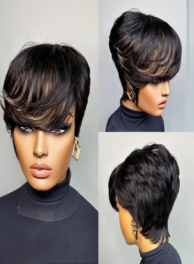 SAEIALL Pixie Cut Wig for Black Women Human Hair Black with Brown Highlights Short Summer Wig with Bangs No Lace Front Wigs Get Up and Go Easy to Wear - Image 5
