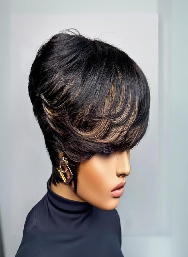 SAEIALL Pixie Cut Wig for Black Women Human Hair Black with Brown Highlights Short Summer Wig with Bangs No Lace Front Wigs Get Up and Go Easy to Wear - Image 2