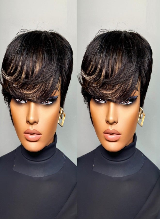 SAEIALL Pixie Cut Wig for Black Women Human Hair Black with Brown Highlights Short Summer Wig with Bangs No Lace Front Wigs Get Up and Go Easy to Wear - Image 3