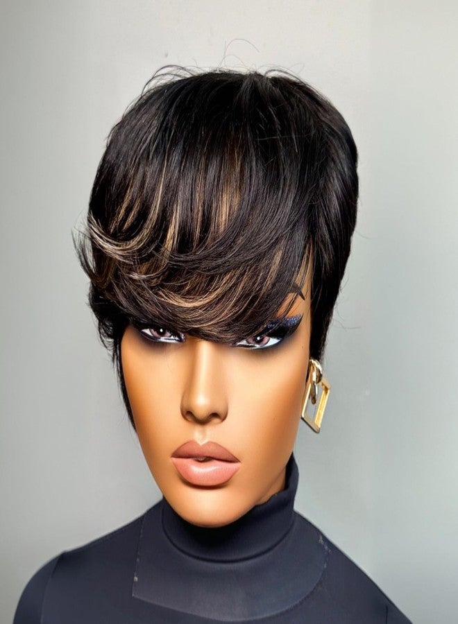 SAEIALL Pixie Cut Wig for Black Women Human Hair Black with Brown Highlights Short Summer Wig with Bangs No Lace Front Wigs Get Up and Go Easy to Wear - Image 1
