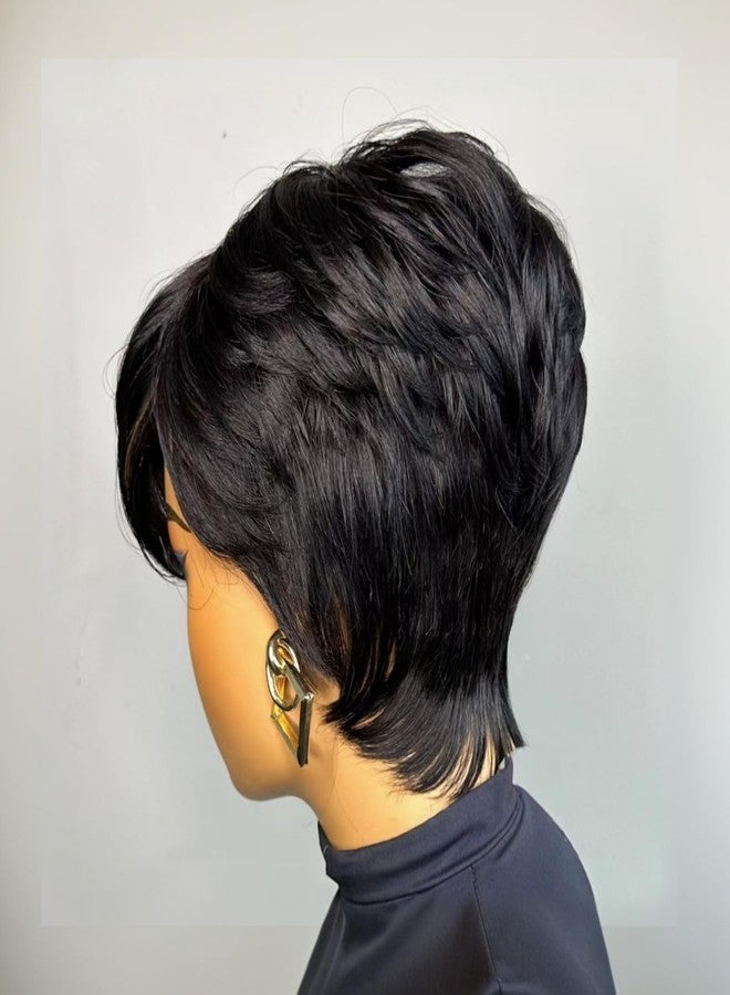 SAEIALL Pixie Cut Wig for Black Women Human Hair Black with Brown Highlights Short Summer Wig with Bangs No Lace Front Wigs Get Up and Go Easy to Wear - Image 4