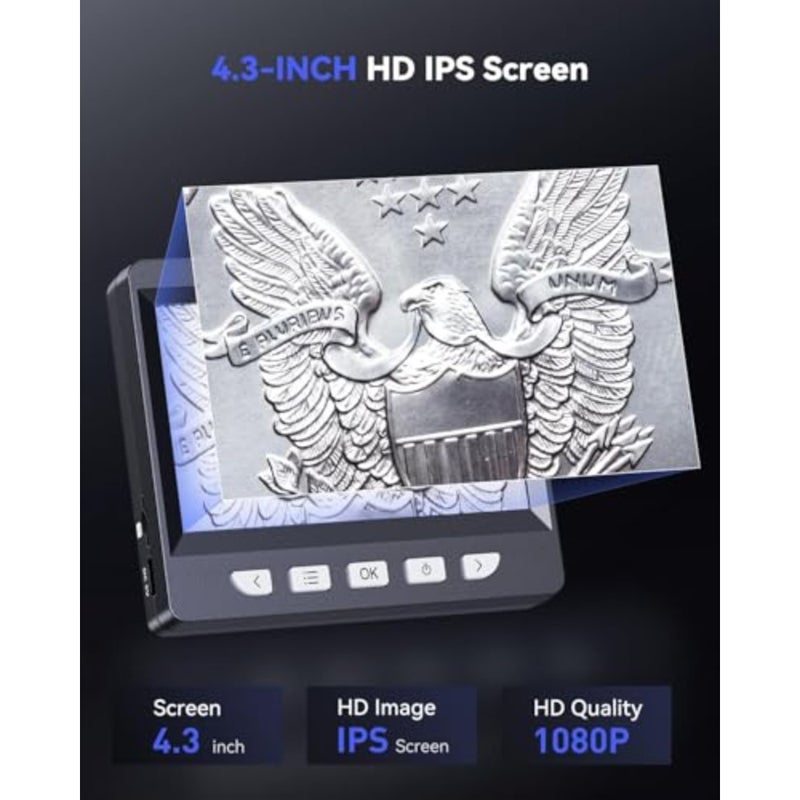 مجهر رقمي 4.3 HD شاشة LCD مكبرة للعملات المعدنية مع تكبير 1-1000X، كاميرا ستيريو، 8 مصابيح LED قابلة للتعديل، عرض الكمبيوتر الشخصي، متوافق مع نظام التشغيل MacOS - Image 2
