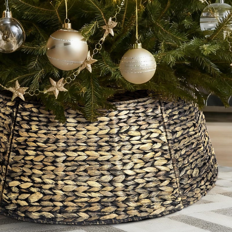 Yonsya 5-Piece Rattan Christmas Tree Collar - 24" Rustic Farmhouse Tree Skirt- Xmas Tree Base Cover for Christmas Decoration- Woven Holiday Tree Ring Accessory for Home, Living Room (Black Wash, 24 in) - Image 1