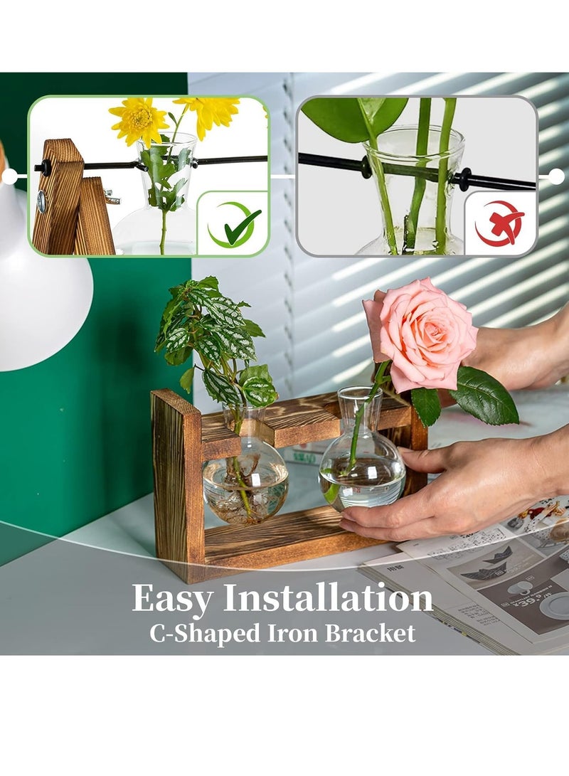 SYOSI Planter with Wooden Stand Upgrade Retro Hanging Propagation Stations Terrarium Plant Holder with Retro Solid Wooden Stand for Hydroponics Indoor Office Desk Decor Accessories Two Bulbs - Image 2