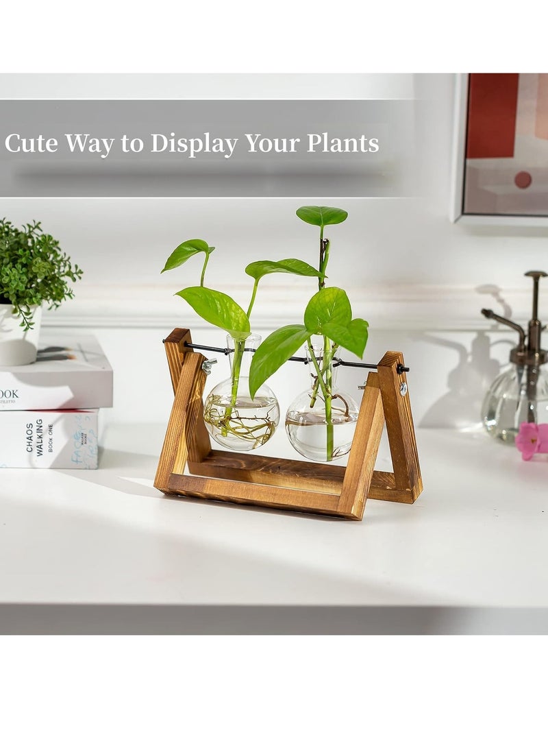 SYOSI Planter with Wooden Stand Upgrade Retro Hanging Propagation Stations Terrarium Plant Holder with Retro Solid Wooden Stand for Hydroponics Indoor Office Desk Decor Accessories Two Bulbs - Image 3