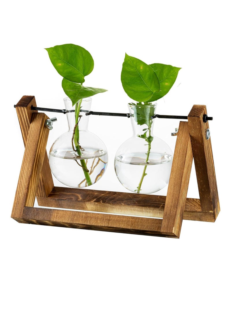 SYOSI Planter with Wooden Stand Upgrade Retro Hanging Propagation Stations Terrarium Plant Holder with Retro Solid Wooden Stand for Hydroponics Indoor Office Desk Decor Accessories Two Bulbs - Image 1