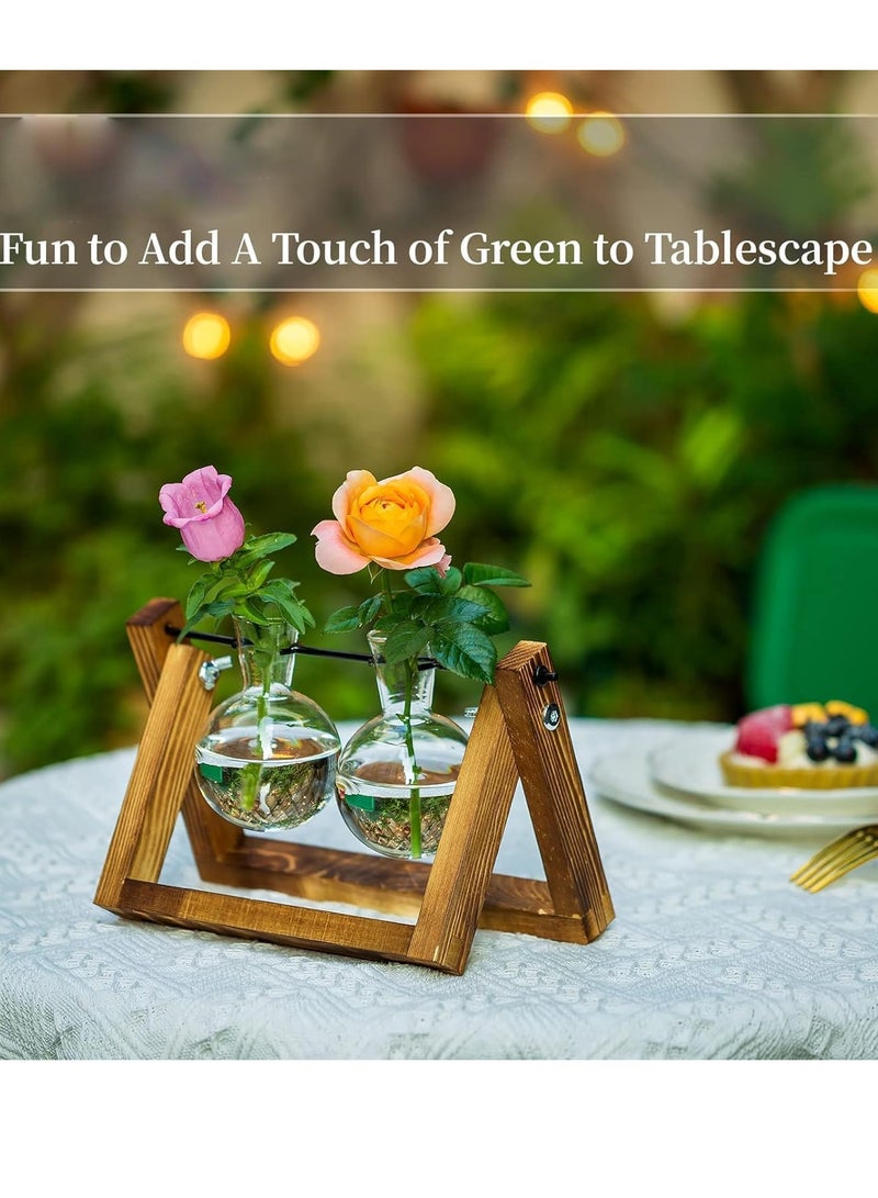 SYOSI Planter with Wooden Stand Upgrade Retro Hanging Propagation Stations Terrarium Plant Holder with Retro Solid Wooden Stand for Hydroponics Indoor Office Desk Decor Accessories Two Bulbs - Image 4