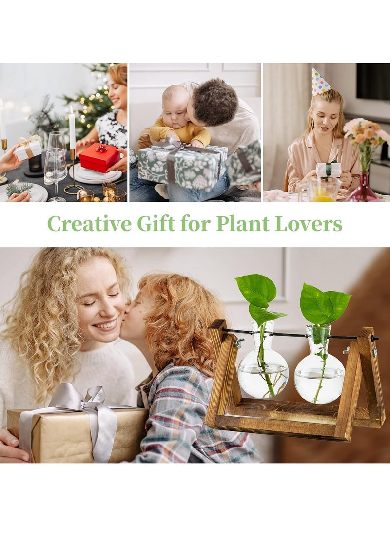 SYOSI Planter with Wooden Stand Upgrade Retro Hanging Propagation Stations Terrarium Plant Holder with Retro Solid Wooden Stand for Hydroponics Indoor Office Desk Decor Accessories Two Bulbs - Image 5