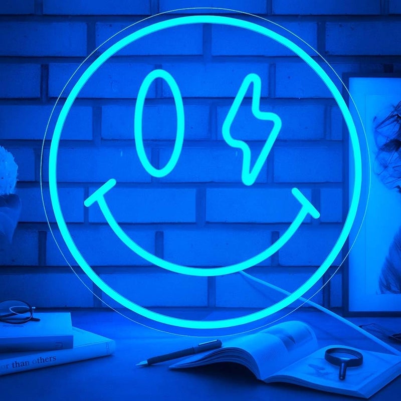 Horoof Home Smiley Face Neon LED Wall Light - 34.5 cm Round Blue Lightning Eye Emoji Decor - Image 1