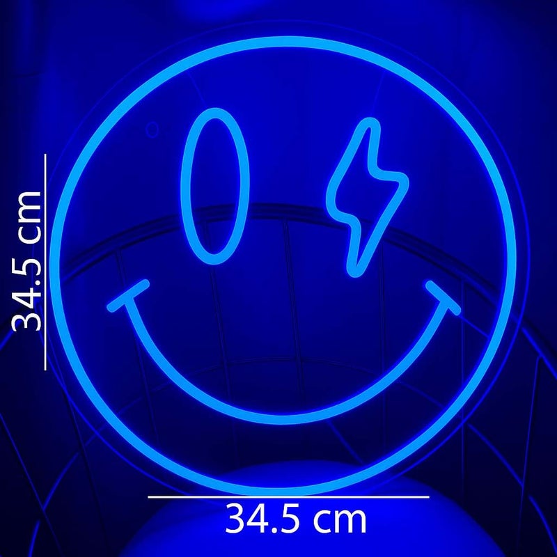 Horoof Home Smiley Face Neon LED Wall Light - 34.5 cm Round Blue Lightning Eye Emoji Decor - Image 2