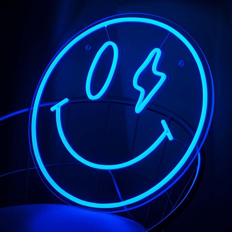 Horoof Home Smiley Face Neon LED Wall Light - 34.5 cm Round Blue Lightning Eye Emoji Decor - Image 3