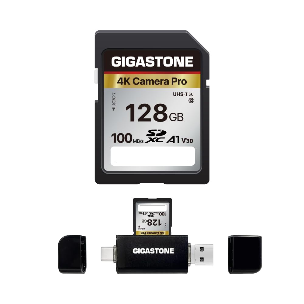 ã€5-Years Data Recovery】 GIGASTONE 128GB SD Card with USB Type C Card Reader, 4K Camera Pro, A1 V30 U3 SDXC Memory Card Compatible with Canon Digital Camera, with 1 mini case