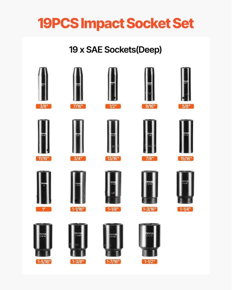 VEVOR Impact Socket Set 1/2 Inches 19 Piece, Deep Socket, 6-Point Sockets, Rugged Construction, Cr-V, 1/2 Inches Drive Socket Set Impact 3/8 inch - 1-1/2 inch, with a Storage Cage - Image 3
