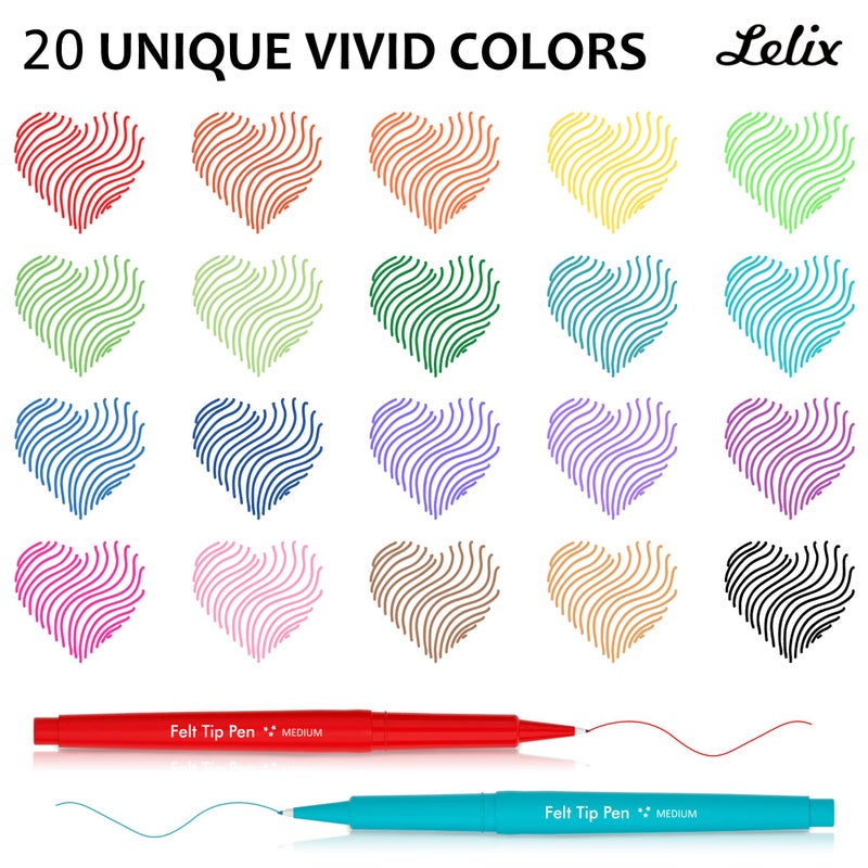 Lelix 20 Colors Felt Tip Pens, Medium Point Assorted Colors Markers Pens For Journaling, Writing, Note Taking, Planner Coloring, Perfect for Art Office and School Supplies - Image 3