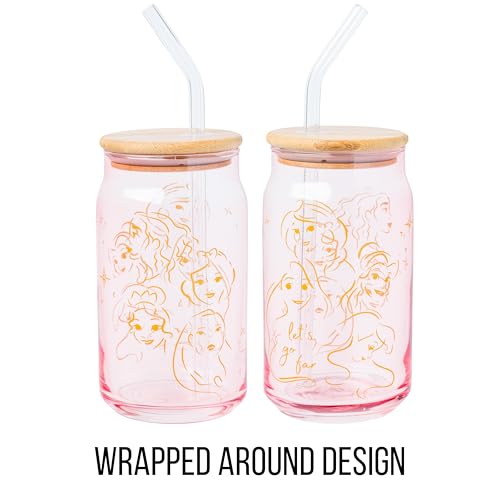 Silver Buffalo Disney Princess Glass Tumbler with Bamboo Lid and Glass Straw Featuring Pocahontas Tiana Snow White Ariel Belle Jasmine Rapunzal Cinderella and Moana 16 Ounces - Image 3