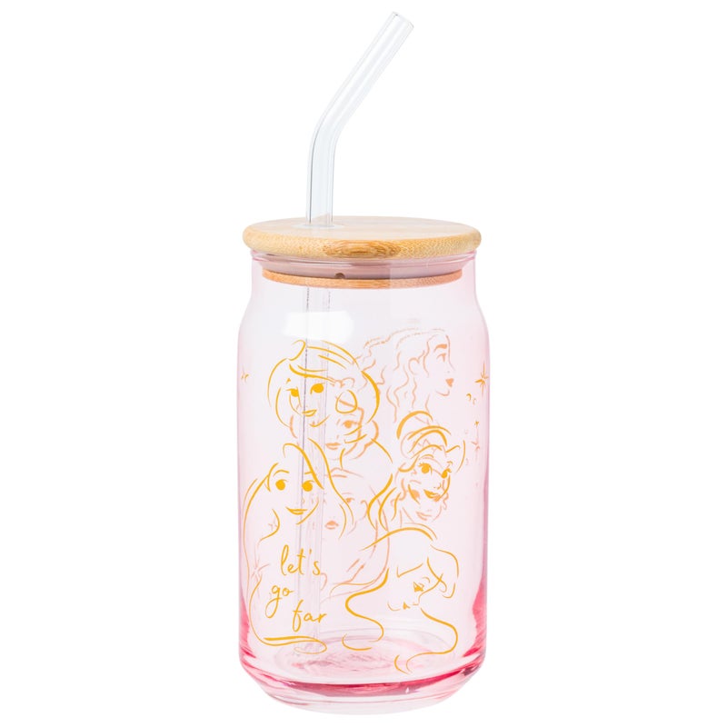 Silver Buffalo Disney Princess Glass Tumbler with Bamboo Lid and Glass Straw Featuring Pocahontas Tiana Snow White Ariel Belle Jasmine Rapunzal Cinderella and Moana 16 Ounces - Image 2