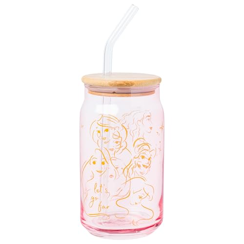 Silver Buffalo Disney Princess Glass Tumbler with Bamboo Lid and Glass Straw Featuring Pocahontas Tiana Snow White Ariel Belle Jasmine Rapunzal Cinderella and Moana 16 Ounces - Image 1