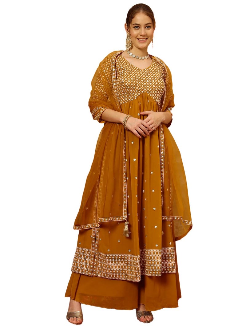 SHOPPING QUEEN Women's Georgette Embroidered Kurta and Palazzo Set (A598_Golden Yellow_M) - Image 1