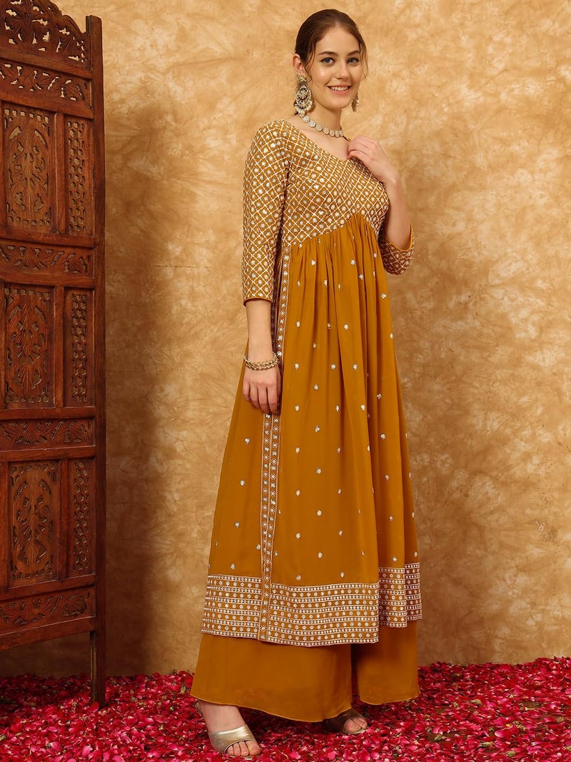 SHOPPING QUEEN Women's Georgette Embroidered Kurta and Palazzo Set (A598_Golden Yellow_M) - Image 3