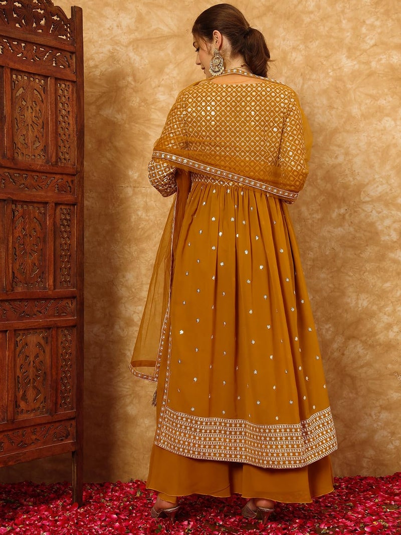 SHOPPING QUEEN Women's Georgette Embroidered Kurta and Palazzo Set (A598_Golden Yellow_M) - Image 2