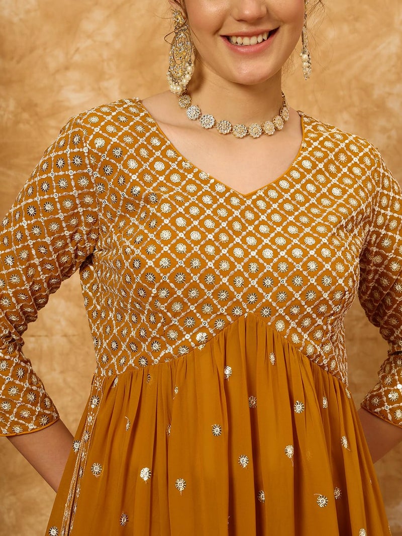 SHOPPING QUEEN Women's Georgette Embroidered Kurta and Palazzo Set (A598_Golden Yellow_M) - Image 4