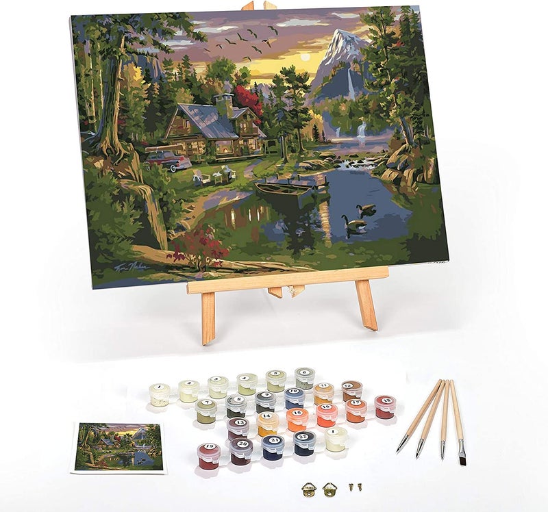 Ledgebay DIY Paint by Numbers Kit for Adults Framed Canvas Beginner to Advanced Paint by Numbers Kit Kits Include Acrylic Paint Set Brushes Tabletop Easel (Mountain Paradise 12" x 16" Framed) - Image 1