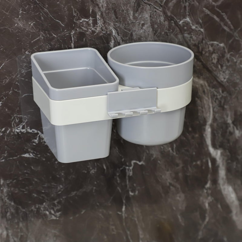 Jinila Self Adhesive Magic Sticker Toothpaste, Toothbrush Holder with Gargle Cup Plastic Wall Mount Bathroom and Washbasin Storage Organizer (Pack of 1, Gray and Cream) - Image 5