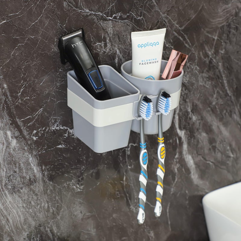 Jinila Self Adhesive Magic Sticker Toothpaste, Toothbrush Holder with Gargle Cup Plastic Wall Mount Bathroom and Washbasin Storage Organizer (Pack of 1, Gray and Cream) - Image 2