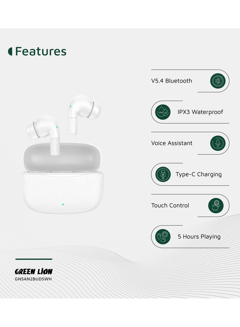 GREEN LION True Wireless Earbuds Santorini 2 TWS with Voice Assistant / ENC Dual Mic / Touch Control / High Quality Sound / Sleek and Compact / Sweat Resistant / Workout/ Outdoor / Running - White - Image 2