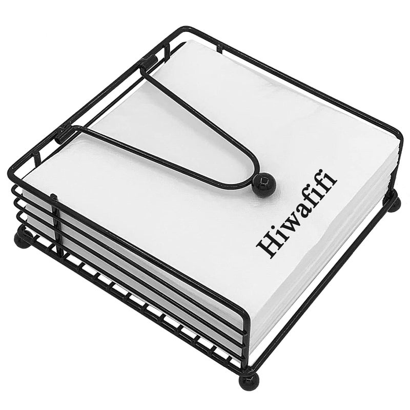 hiwafifi Napkin Holder for Table, Flat Napkin Dispenser with Weighted Arm, Square Cocktail Paper Holder of Elegant Rustic Iron for Kitchen Dining Room Decor Restaurant Farmhouse Hotel Party, Black - Image 1