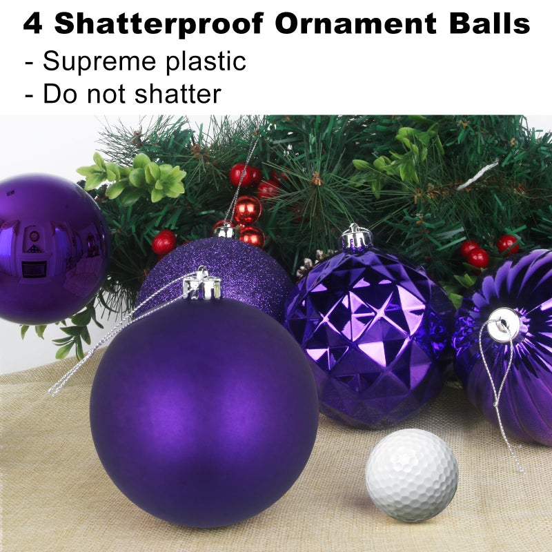 GameXcel Purple 4.0" Large Christmas Balls - Christmas Tree Decoration Ornaments Shatterproof Hanging Balls for Birthday Halloween Holiday Wedding Decorations Set of 4pcs - Image 3