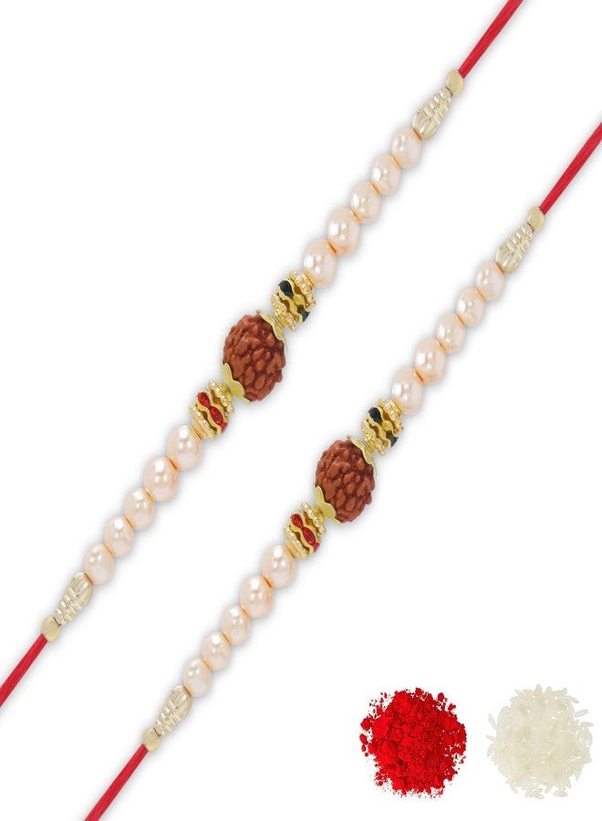 VTFlair Modish Pearl and Rudraksh Rakhi with Roli Chawal Rakshabandhan Rakhi for Brother Bhaiya Bhabi Pack of 2 - Image 1