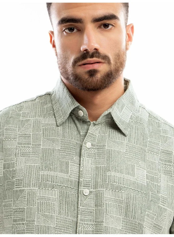 Beyoung Olive Green Geometric Print Half Sleeve Mens Shirt