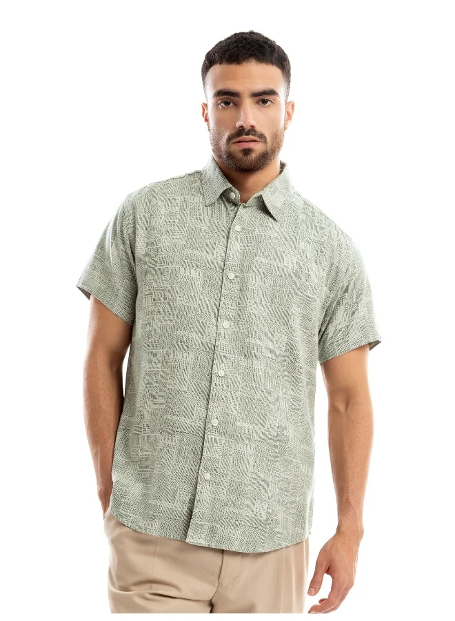 Beyoung Olive Green Geometric Print Half Sleeve Mens Shirt