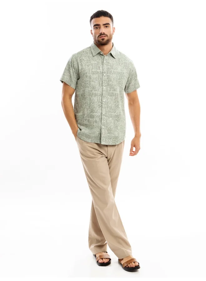 Beyoung Olive Green Geometric Print Half Sleeve Mens Shirt