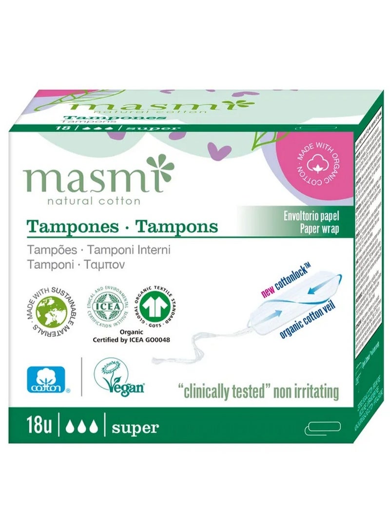Organic Super Non Applicator Cotton Tampons 18 Pcs