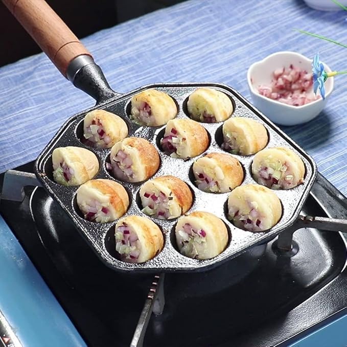 Bindex Takoyaki Pan 14 Holes Cast Nonstick Iron Japanese Grill Pan with Detachable Handle Anti Scalding Octopus Meat Balls Maker Easy to Use and Store - Image 5